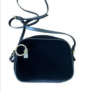 JCrew black velour purse. Almost new.  Black Leather Shoulder strap and lock.
